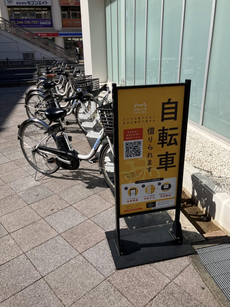 シェアサイクルの看板と自転車の写真