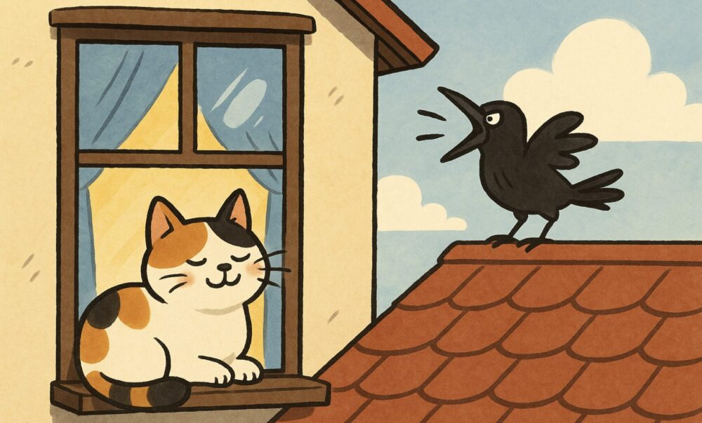 窓際の猫を威嚇するカラスのイラスト